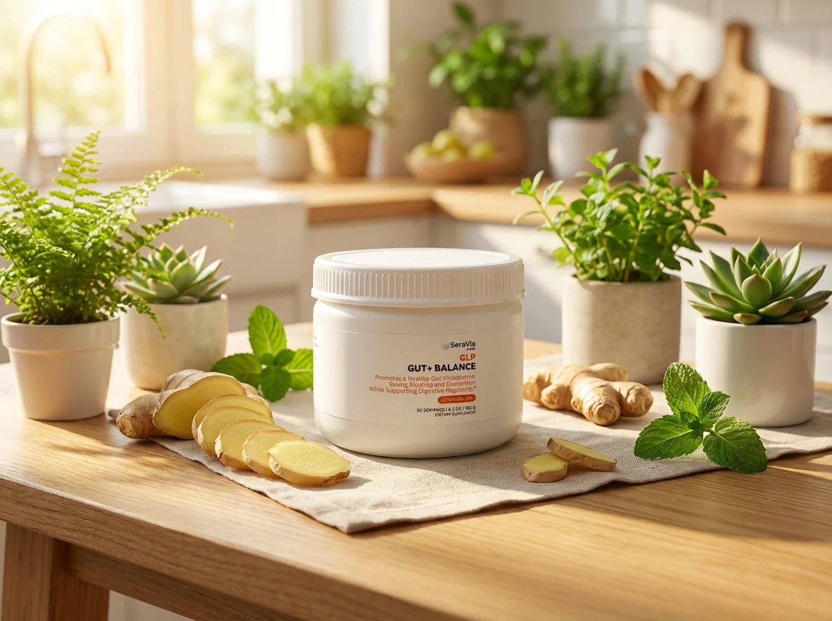 Seravia GLP-1 Gut+ Balance style supplement bottle