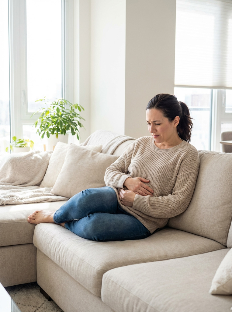 Woman holding her stomach and smiling, representing calm digestion